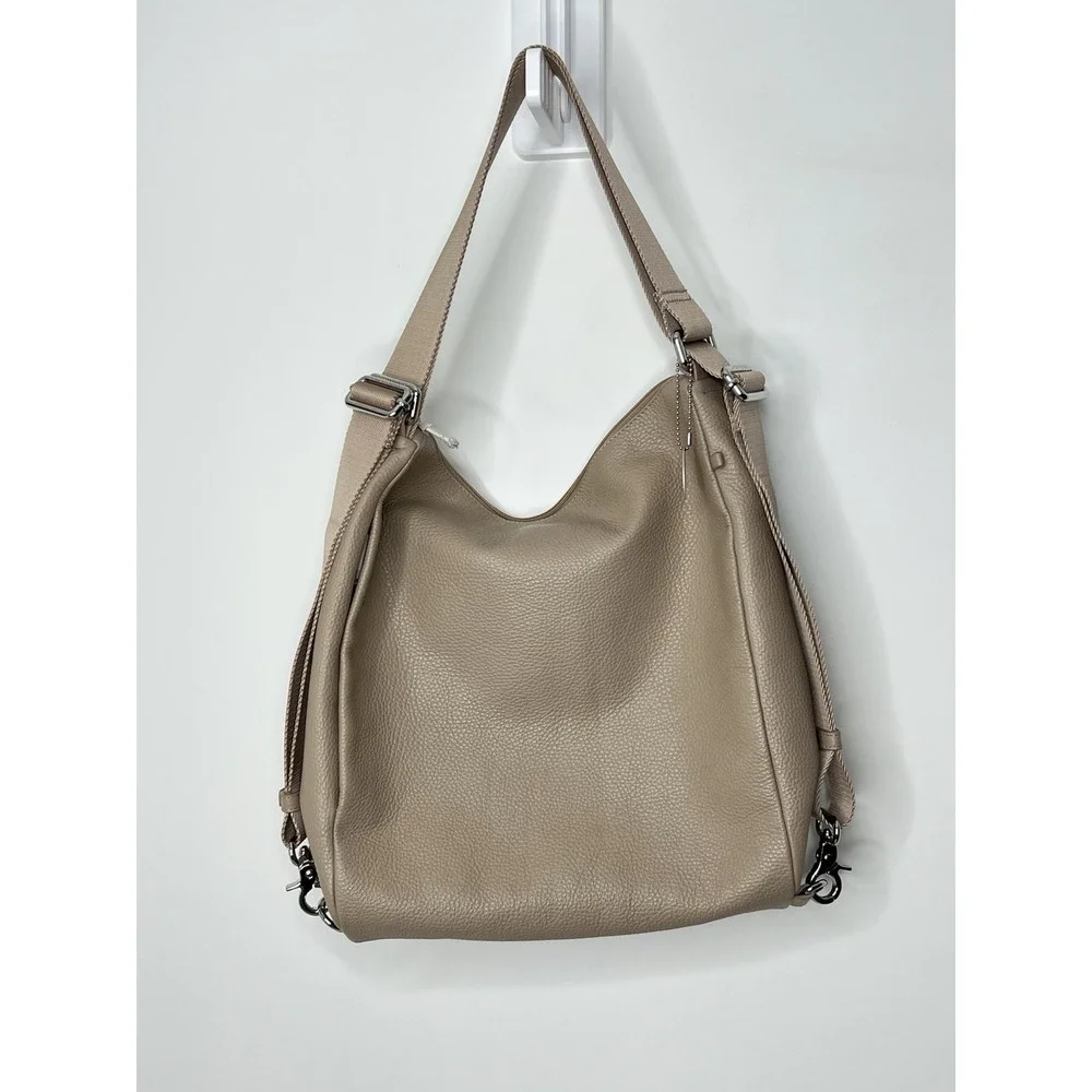 Mandarina Duck Leather Hobo Shoulder Bag Taupe Jacquard Strap Backpack Tote NEW!